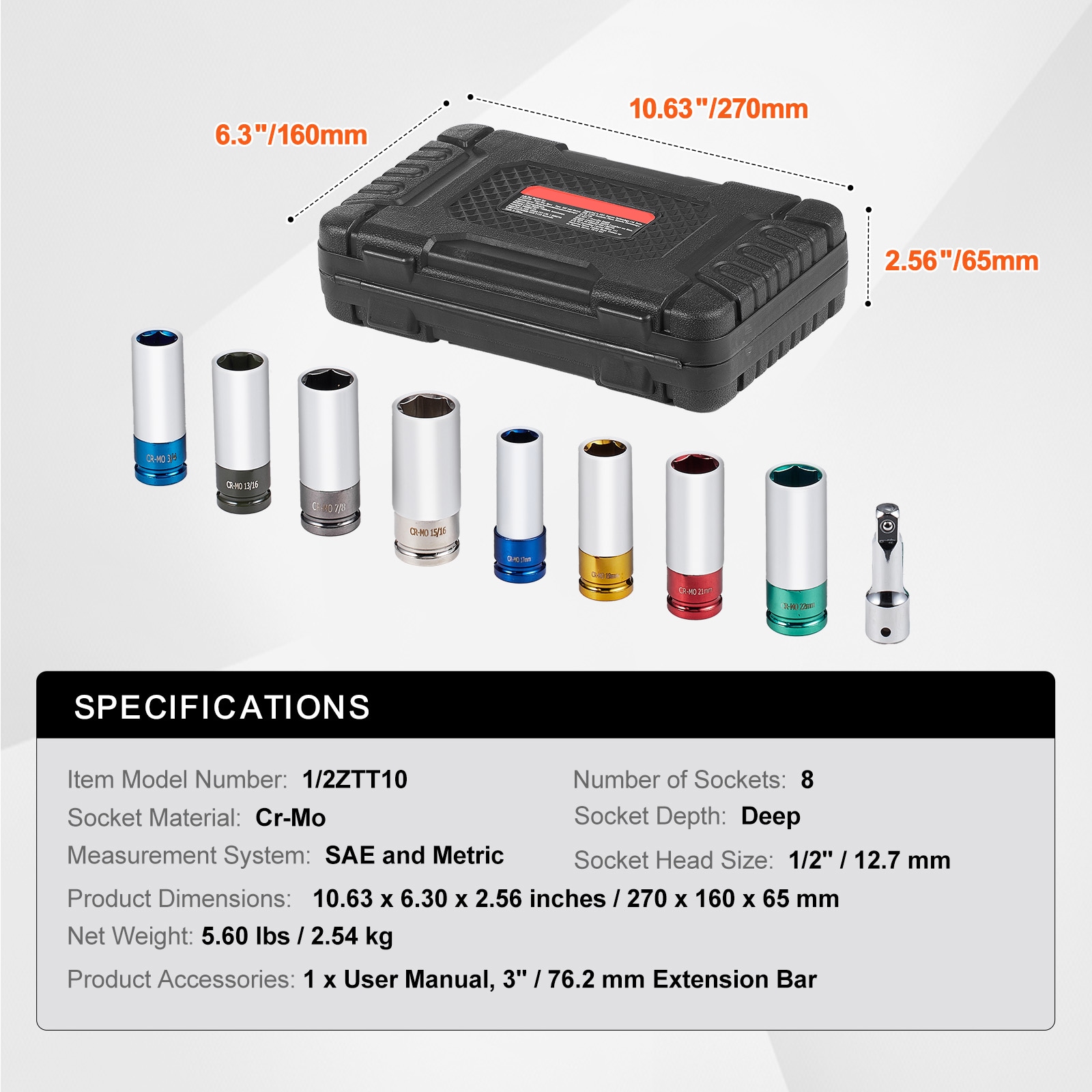 Lug Nut Impact Socket Set 1/2 In Drive Metric And SAE 6-Point Deep Socket_voghion.com